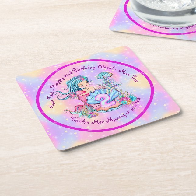 Mermaid 2nd Birthday Change Edit Text Personalise Square Paper Coaster (Angled)