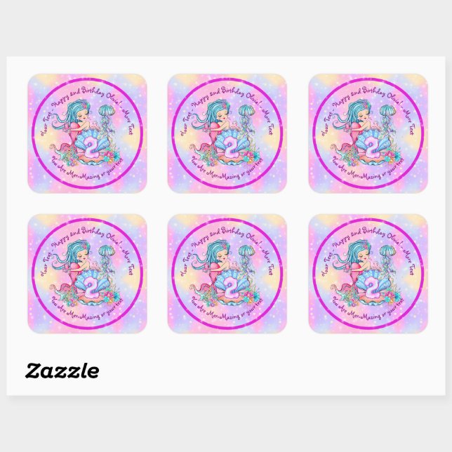 Mermaid 2nd Birthday Change Edit Text Personalise Square Sticker (Sheet)