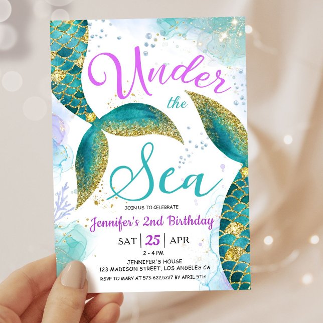 Mermaid 2nd Birthday Girl Pink Teal Under the Sea Invitation (Creator Uploaded)