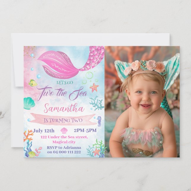 Mermaid 2nd Photo Birthday Girl Under the Sea Invitation (Front)