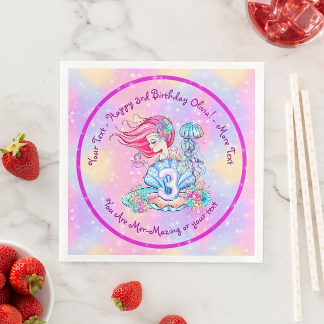 Mermaid 3rd Birthday Change Edit Text Personalise  Napkin (Insitu)