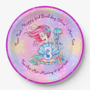 Mermaid 3rd Birthday Change Edit Text Personalise Paper Plate