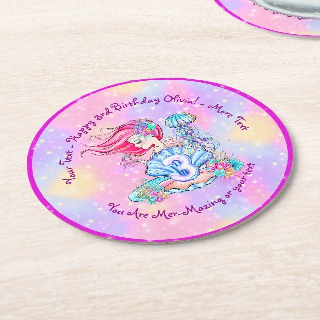 Mermaid 3rd Birthday Change Edit Text Personalise  Round Paper Coaster (Angled)