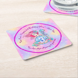 Mermaid 3rd Birthday Change Edit Text Personalise Square Paper Coaster