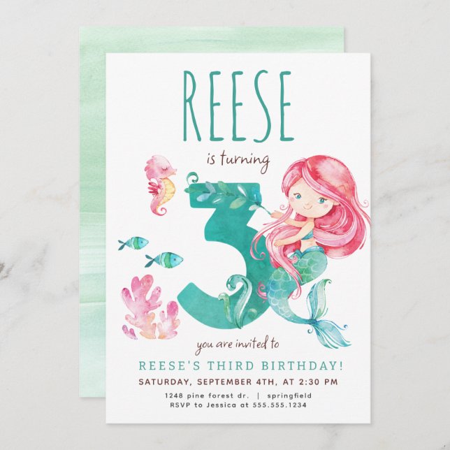 Mermaid 3rd Birthday Invitation (Front/Back)