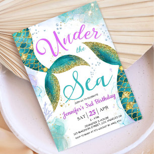 Mermaid 3rd Birthday  Purple Teal Under the Sea Invitation