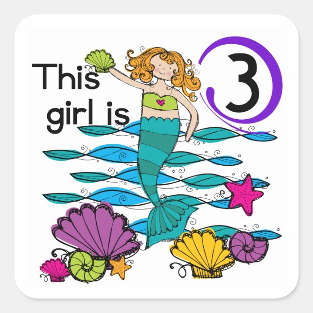 Mermaid 3rd Birthday T shirts and Gifts Square Sticker (Front)