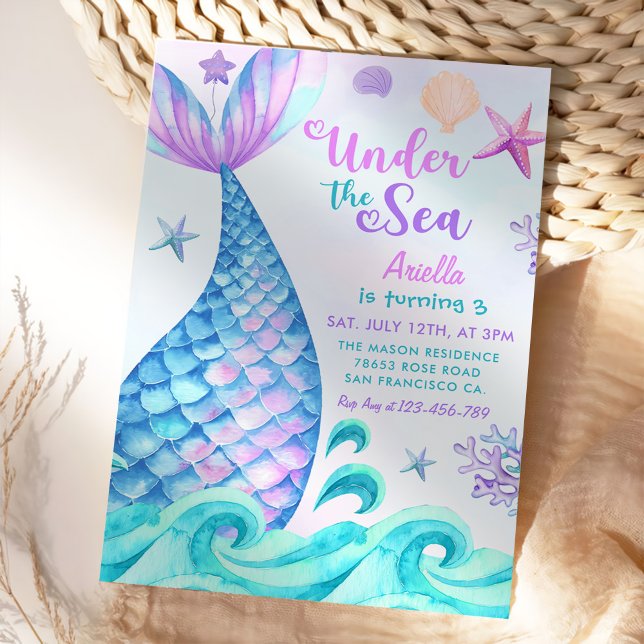 Mermaid 3rd Birthday Under The Sea Party Invitation (Creator Uploaded)
