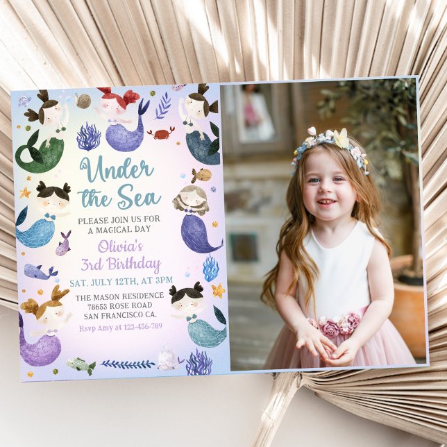 Mermaid 3rd Birthday Under The Sea Party Photo Invitation (Creator Uploaded)