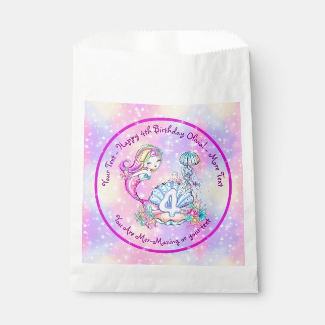 Mermaid 4th Birthday Change Edit Text Personalise Favour Bags (Front)