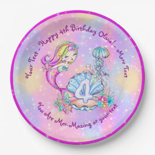 Mermaid 4th Birthday Change Edit Text Personalise  Paper Plate