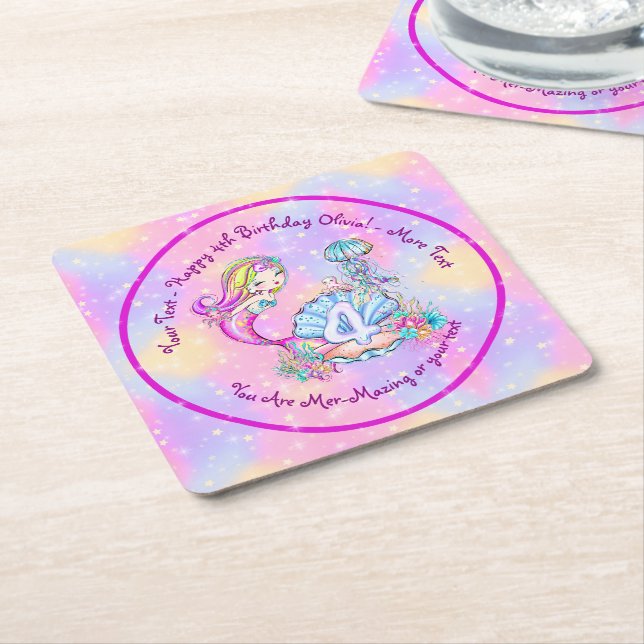 Mermaid 4th Birthday Change Edit Text Personalise Square Paper Coaster (Angled)