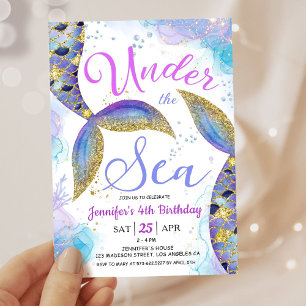 Mermaid 4th Birthday Girl Pink Gold Under the Sea Invitation