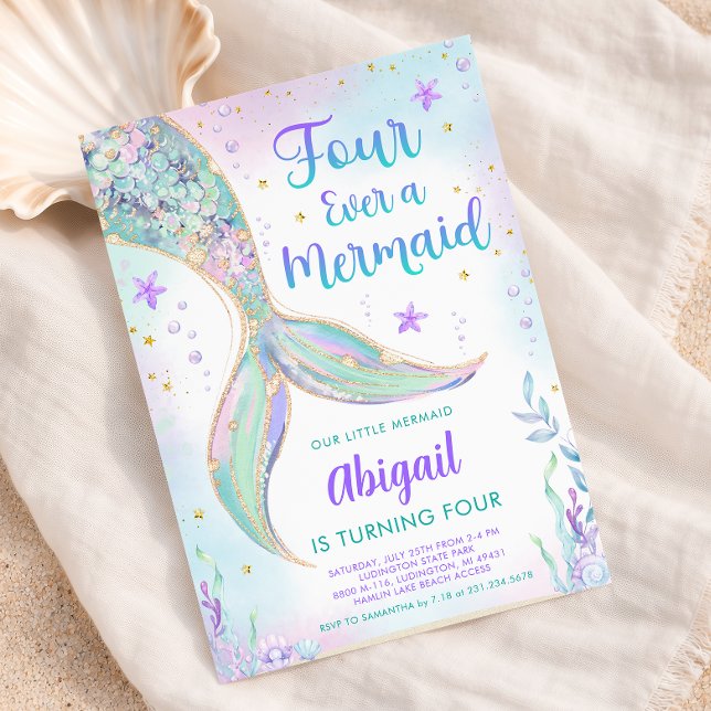 Mermaid 4th Birthday Party Invitation (Mermaid 4th Birthday Party Invitation - Pastel Mermaid Tail Invite)