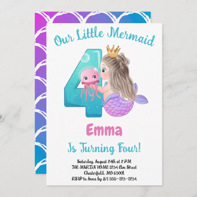 Mermaid 4th Birthday Party Invitation (Front/Back)