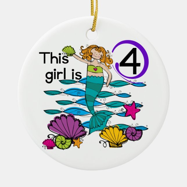 Mermaid 4th Birthday Tshirts and Gifts Ceramic Tree Decoration (Front)