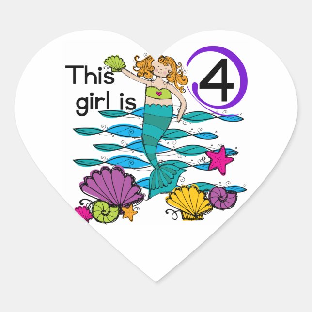 Mermaid 4th Birthday Tshirts and Gifts Heart Sticker (Front)