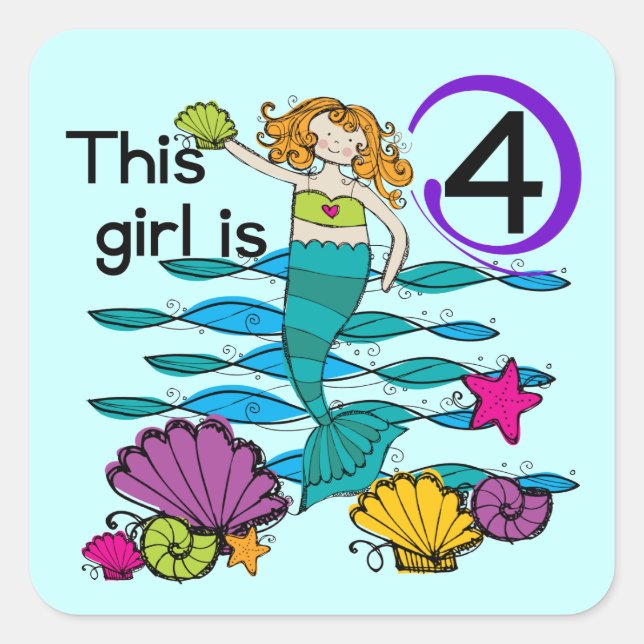 Mermaid 4th Birthday Tshirts and Gifts Square Sticker (Front)