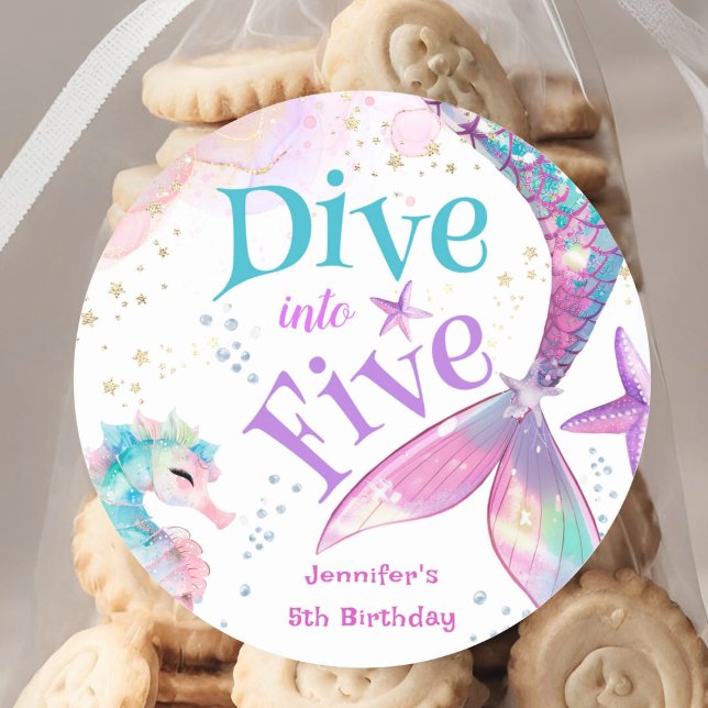 Mermaid 5th Birthday Dive into Five Classic Round Sticker (Creator Uploaded)