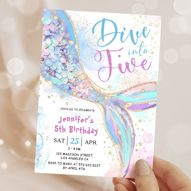 Mermaid 5th Birthday Dive Into Five Girl Party Invitation (Creator Uploaded)