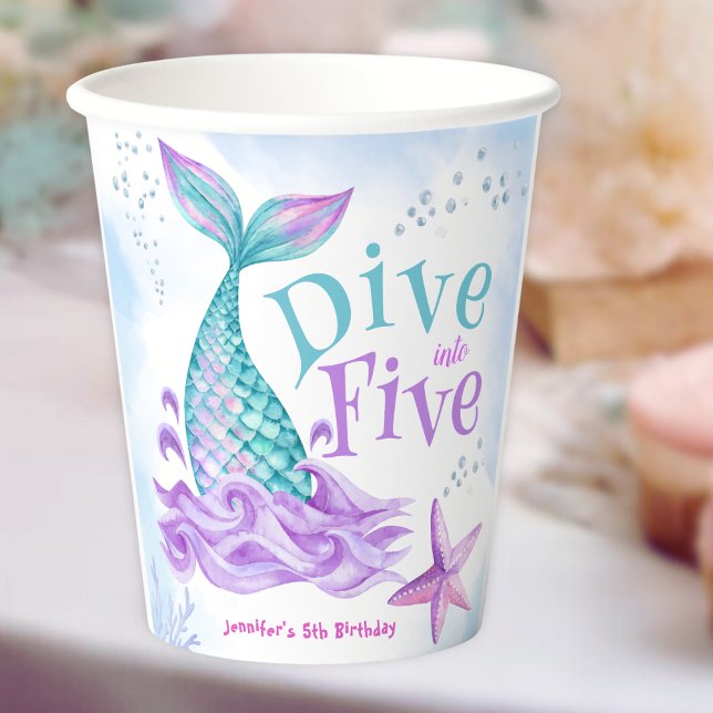 Mermaid 5th Birthday Dive into Five  Paper Cups (Creator Uploaded)