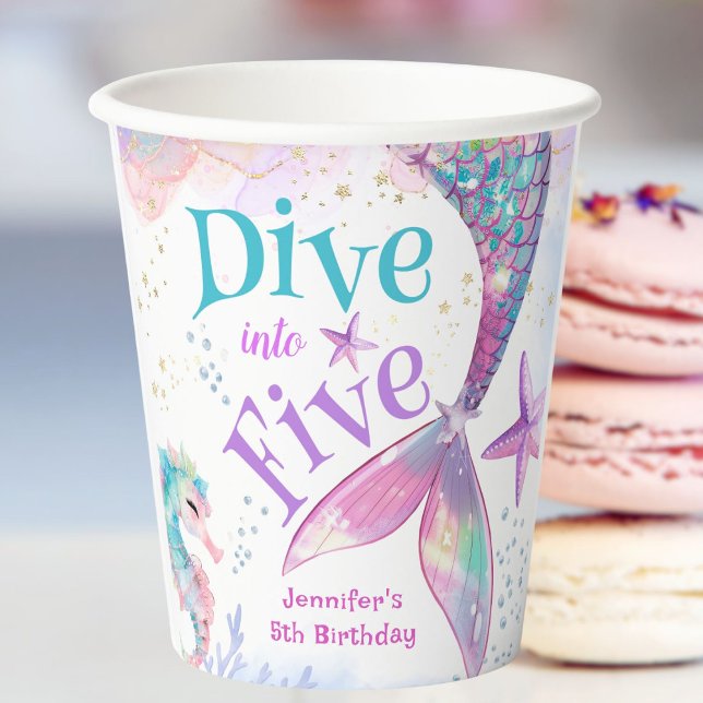 Mermaid 5th Birthday Dive into Five Paper  Paper Cups (Creator Uploaded)