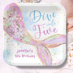 Mermaid 5th Birthday Dive into Five Purple Paper Plate