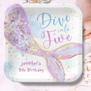 Mermaid 5th Birthday Dive into Five Purple Paper Plate