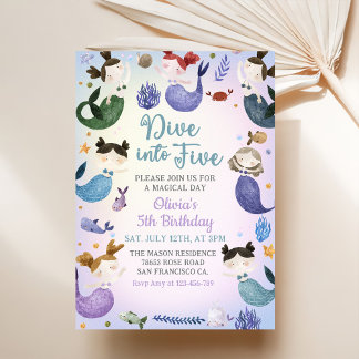 Mermaid 5th Birthday Dive To Five Party Invitation