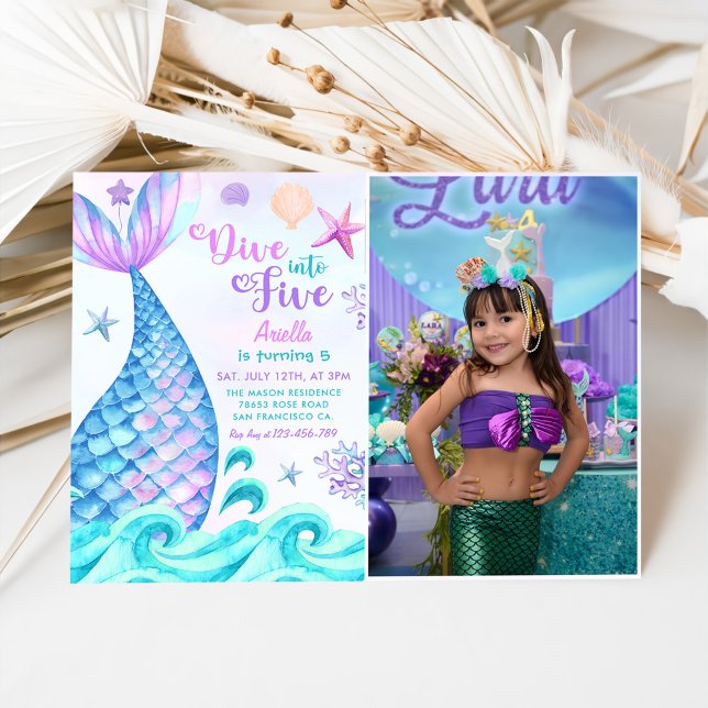 Mermaid 5th Birthday Dive To Five Party Photo Invitation (Creator Uploaded)