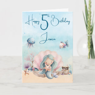 Mermaid 5th Birthday Folded Greeting Card