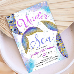Mermaid 5th Birthday Girl Pink Gold Under the Sea  Invitation