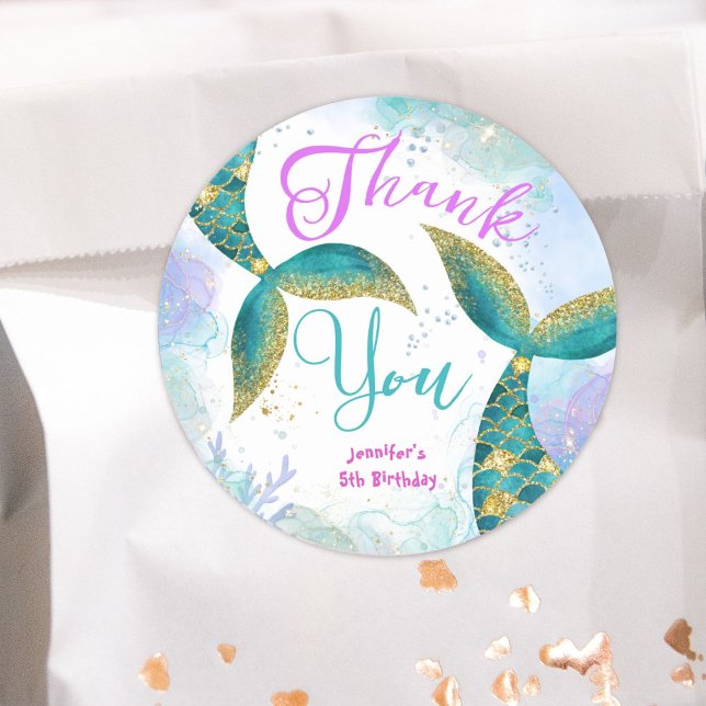 Mermaid 5th Birthday Girls Purple Teal  Classic Round Sticker (Creator Uploaded)