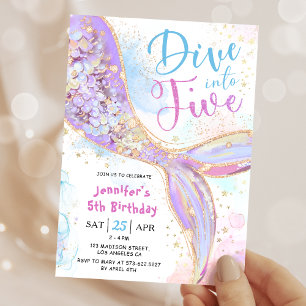 Mermaid 5th Birthday Party Dive Into Five Purple Invitation