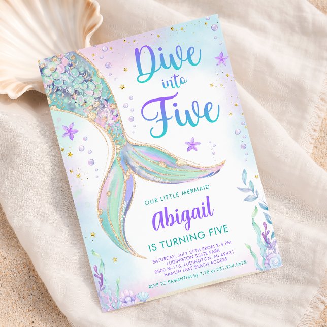 Mermaid 5th Birthday Party Invitation (Dive into Five - Mermaid 5th Birthday Party Invite - Girls  Pastel Mermaid Tail Invite)