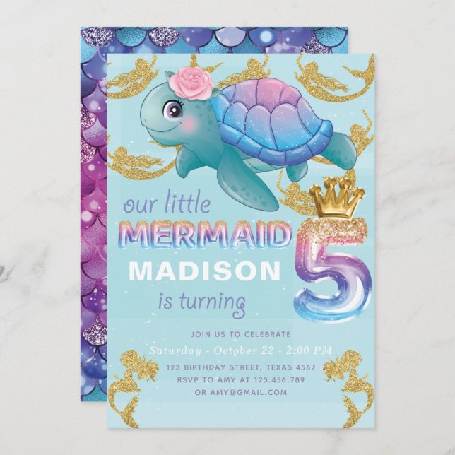 Mermaid 5th Birthday Pink Blue Gold Glitter Invitation (Front/Back)
