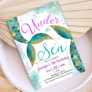 Mermaid 5th Birthday Purple Teal Under the Sea Invitation