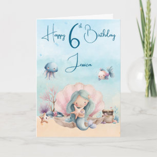Mermaid 6th Birthday Folded Greeting Card