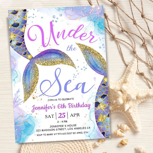 Mermaid 6th Birthday Girl Pink Gold Under the Sea  Invitation (Creator Uploaded)