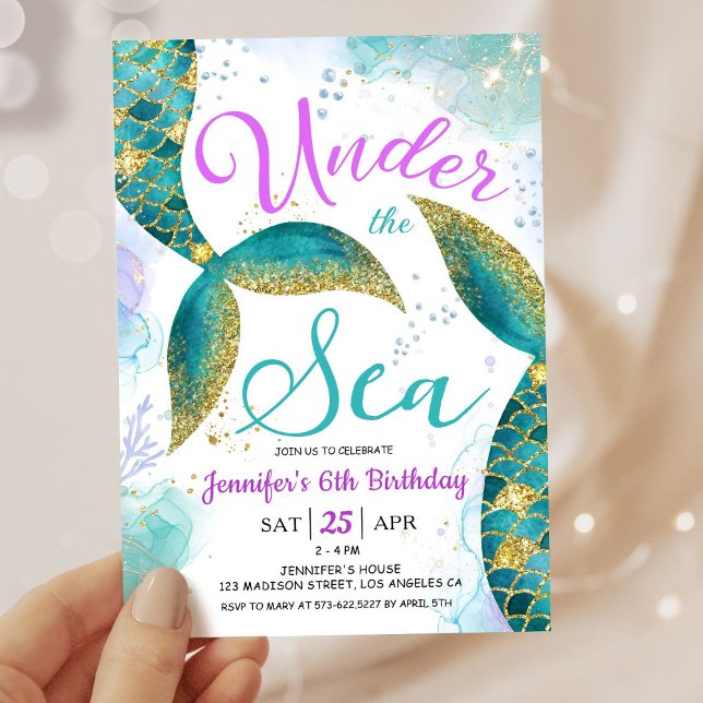 Mermaid 6th Birthday Girl Pink Teal Under the Sea Invitation (Creator Uploaded)
