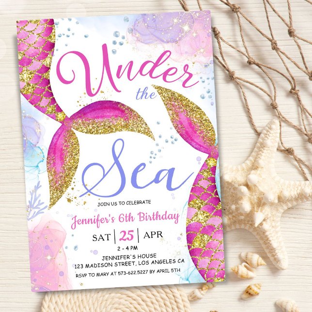 Mermaid 6th Birthday Girl Pink Under the Sea Invitation (Creator Uploaded)