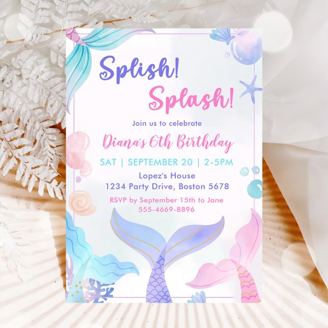 Mermaid 6th Birthday Girl Splish Splash Party  Invitation (Creator Uploaded)
