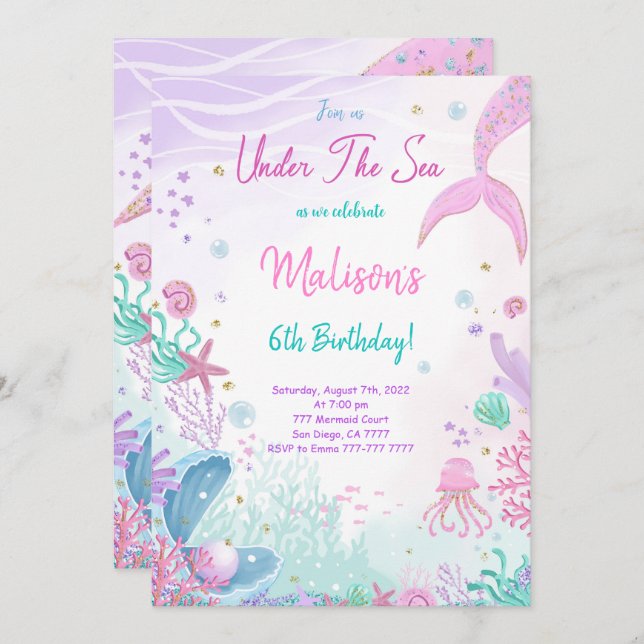Mermaid 6th Birthday Invitation (Front/Back)