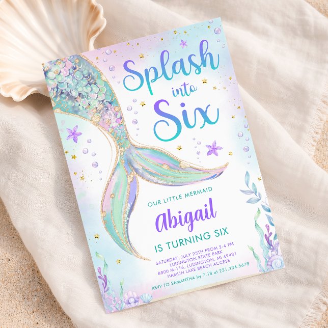 Mermaid 6th Birthday Party Invitation (Splash into Six - Mermaid 6th Birthday Party Invite - Pastel Mermaid Tail)