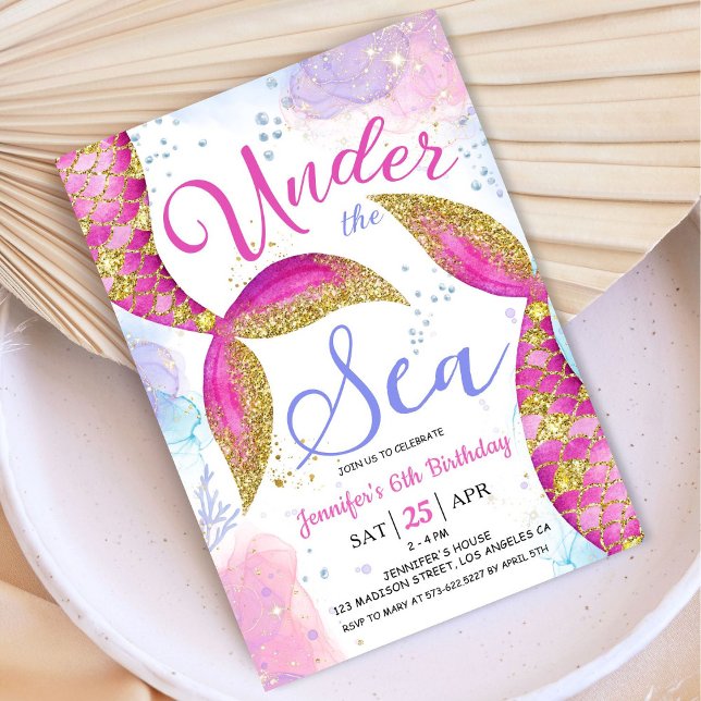 Mermaid 6th Birthday Party Pink Girl Under the Sea Invitation (Creator Uploaded)
