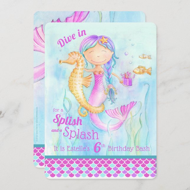 Mermaid 6th Birthday pool party art invitations (Front/Back)