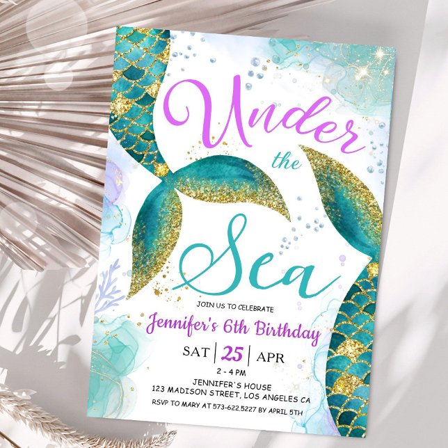 Mermaid 6th Birthday  Purple Teal Under the Sea Invitation (Creator Uploaded)