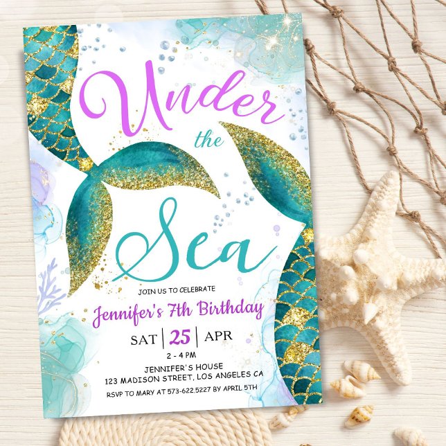 Mermaid 7th Birthday Girl Pink Teal Under the Sea Invitation (Creator Uploaded)