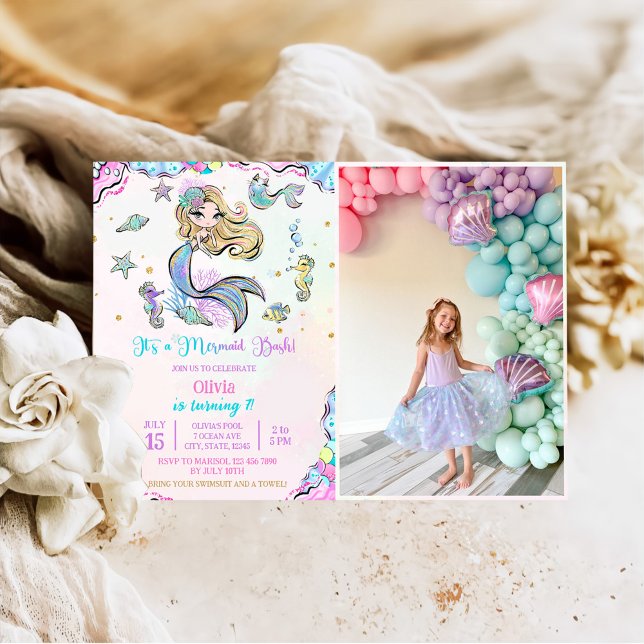 Mermaid 7th Birthday Mermaid Party Photo Invitation (Creator Uploaded)