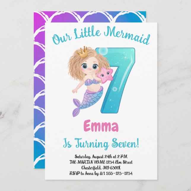 Mermaid 7th Birthday Party Invitation (Front/Back)